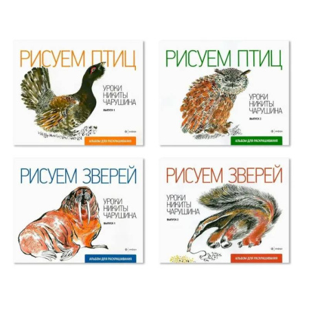 Рисование, книга Комплект из четырех альбомов для раскрашивания 'Уроки Никиты Чарушина' купить по скидке