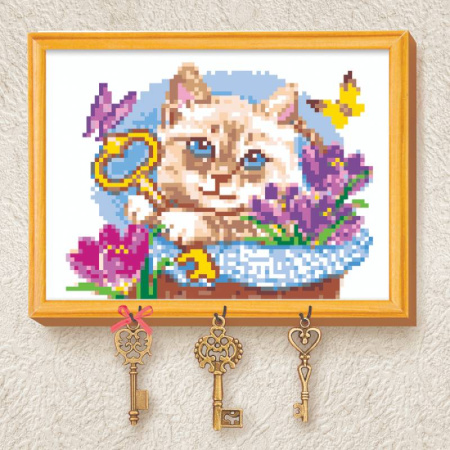 Вышивка крестиком на ключнице 'Кот', 21x15 см